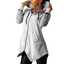 Load image into Gallery viewer, Women Zipper Print Sweatshirts Hooded Asymmetric Pullover Sports Letters Hoodie Irregular Hem Casual Sport Party Pocket Hoodie