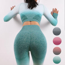 Load image into Gallery viewer, Women Two Piece Set Long Sleeve Tops Sport Suit Fitness Leggings Ombre Seamless Crop Tops Sportswear Sweatshirt Tracksuit Sets