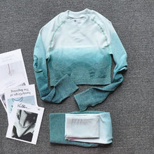 Load image into Gallery viewer, Women Two Piece Set Long Sleeve Tops Sport Suit Fitness Leggings Ombre Seamless Crop Tops Sportswear Sweatshirt Tracksuit Sets