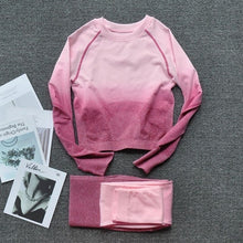 Load image into Gallery viewer, Women Two Piece Set Long Sleeve Tops Sport Suit Fitness Leggings Ombre Seamless Crop Tops Sportswear Sweatshirt Tracksuit Sets