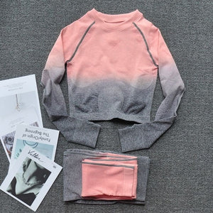 Women Two Piece Set Long Sleeve Tops Sport Suit Fitness Leggings Ombre Seamless Crop Tops Sportswear Sweatshirt Tracksuit Sets