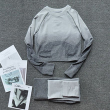 Load image into Gallery viewer, Women Two Piece Set Long Sleeve Tops Sport Suit Fitness Leggings Ombre Seamless Crop Tops Sportswear Sweatshirt Tracksuit Sets