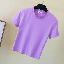 Load image into Gallery viewer, Crop Top T-Shirt Female Solid Cotton O-Neck Short Sleeve T-shirts for Women High Waist Slim Short Sport Blanc Femme T-Shirt