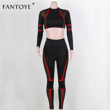 Load image into Gallery viewer, Fantoye Red Stripped High Elastic Two Piece Set Sport Suit Sexy O Neck Long Sleeve High Waist Bodycon Women Casual Tracksuit